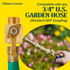 Haus & Garten Heavy-Duty 3/4" Brass Garden Hose Shut Off Valve - Garden Hose Connector, Water Shutoff, Gardening Hose Nozzle Valve, Outdoor 3/4 Inch GHT Brass Shut Off Valve Attachment (2-Pack)
