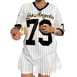 Oversized Jersey Shirts for Women V Neck Tshirt Striped Number Graphic Shirt Casual Y2k Streetwear Tee Tops Black