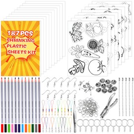 187 Pcs Shrinky Dink Keychain Kit, Shrink Art Paper with 18 Pcs Shrinky Dink Sheets,Colored Pencils, Hole Punch, Keychains, Colored Buckle Chains for Shrinky Dink Crafts Jewelry Making DIY