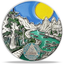 17 Month Sobriety Coin Gifts | River and Forest AA Coin - HA AA Chip Medallion with Serenity Prayer | Narcotics Alcoholics Anonymous Gifts for Anniversary Month & Year for Men & Women in Recovery