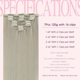 PINKPEARL Clip in Hair Extensions Real Human Hair, 18 Inch 120g 7pcs #1000 Gray Blonde Human Hair Extensions Clip Ins, Remy Hair Clip ins(#1000-18)