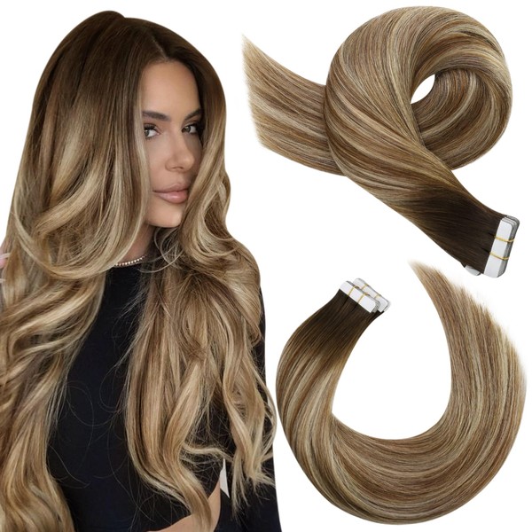 Moresoo Real Hair Extensions, Tape-In Remy Hair Extensions, Dark Brown to Light Brown with Bleached Blonde #4/6/613, Ombre, Invisible Tape, 20 Pieces, 50 g, 50 cm