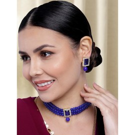 Aheli - Gargantilla con cuentas de cristal tradicional indio azul chapado en oro para mujer