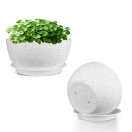 LESOASIS 8 inch Plant Pots Pack of 2, Plastic Planter with Drainage Holes and Saucers, Plant pots for Indoor Outdoor Use, Flower Pots for All House Plants (Speckled White)