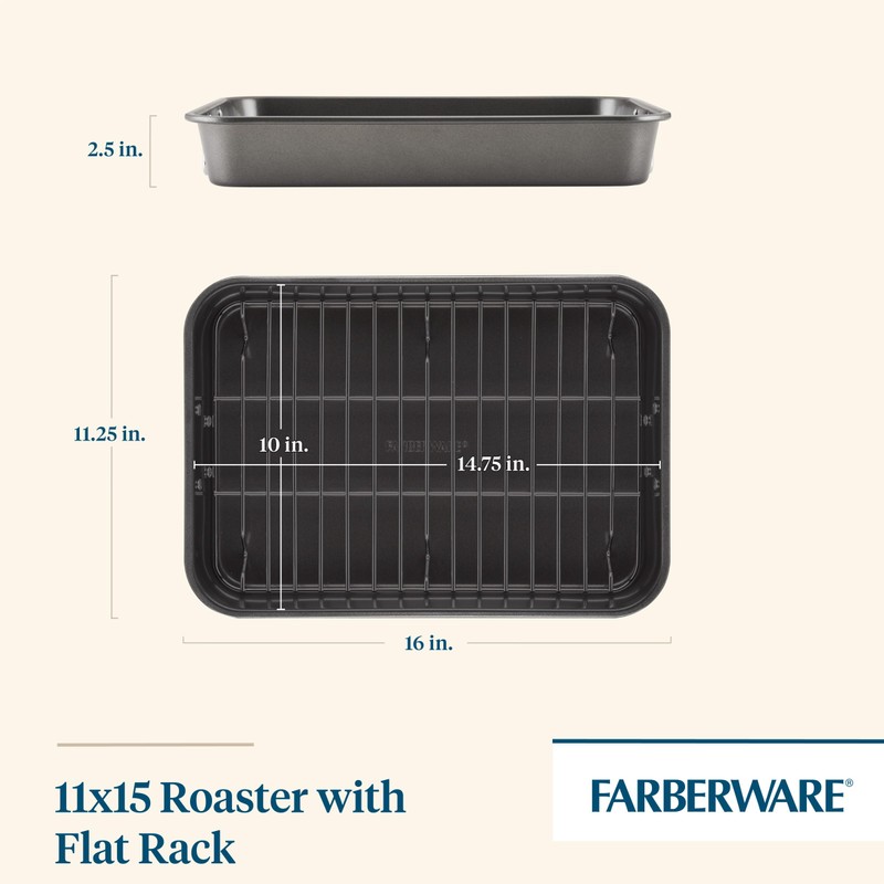 Farberware Bakeware Nonstick Steel Roaster with Flat Rack, 11-Inch x