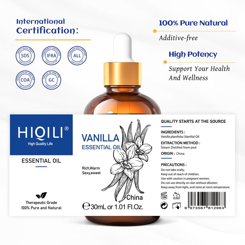 HIQILI 1 Fl Oz Vanilla Essential Oil, 100% Pure Natural