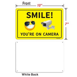 Smile You Are On Camera Signs CCTV Smiley Surveillance Signs 10 x 7 Inches Warning Safety Video Security Sign Metal Rust Aluminum Fade Resistant Easy Mounting Indoor Outdoor Use 2 Pack