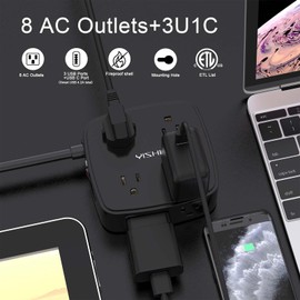 20 Ft Surge Protector Power Strip - 8 Widely Outlets with 4 USB Ports, 3 Side Outlet Extender with 20 Feet Extension Cord, Flat Plug, Wall Mount, Desk USB Charging Station, ETL, Black