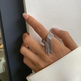 Wide Fashion Beaded Tassel Ring for Women Titanium Steel Gold-Toned Round Small Ball Charms Open Wrap Finger Rings Adjustable Geometric Y2K Jewelry Gift for Holiday Wedding, Metal, No Gemstone