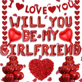 Will You Be My Girlfriend - 500+ Pcs Red Balloons Party Decorations Letter Heart Foil Latex Balloons Artificial Rose Petals for Girlfriends Romantic Proposal Party Anniversary Decoration Supplies