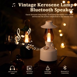 Vintage Kerosene Bluetooth Speaker with LED Warm Light, IPX4 Waterproof, 10-Hour Playtime, Portable Wireless Speaker with HD Sound & Bluetooth 5.3, Home Decor, Present for Bedroom, Outdoor (White)