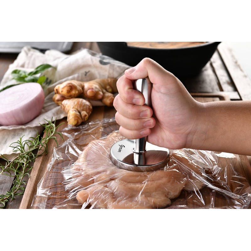 Meat Pounder Tenderizer - Solid Cast Stainless Steel Round Chicken
