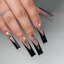 SINHOT Square Press on Nails Long - Black French Tip Fake Nails Glossy Glue on Nails Gold Luxury Rhinestones Acrylic Nails Squoval Artificial Nails Stick on False Nails with Design 24pcs