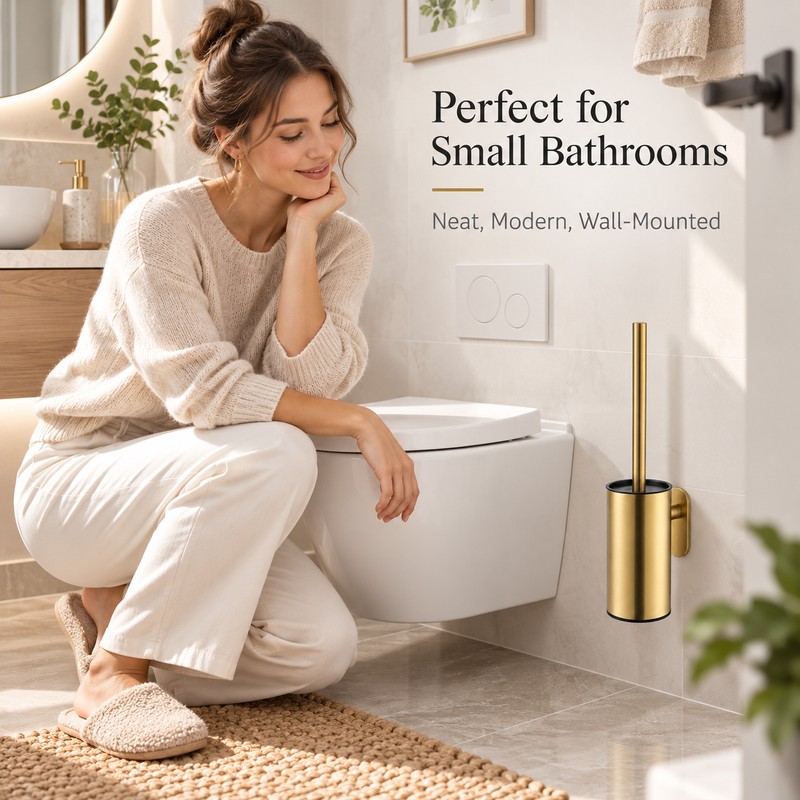 Gold Wall-Mounted Toilet Brush Set – No-Drill Stainless Steel Bathroom