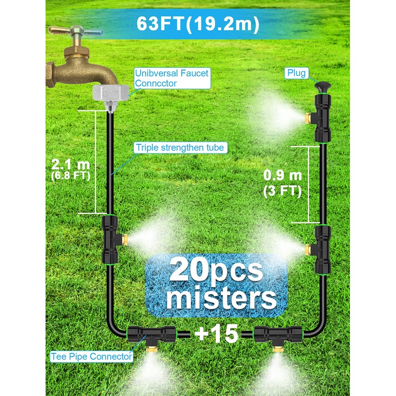Misters for Outside Patio 63FT(19.2M)+21 Brass Mist Nozzles+a Brass Adapter(3/4")