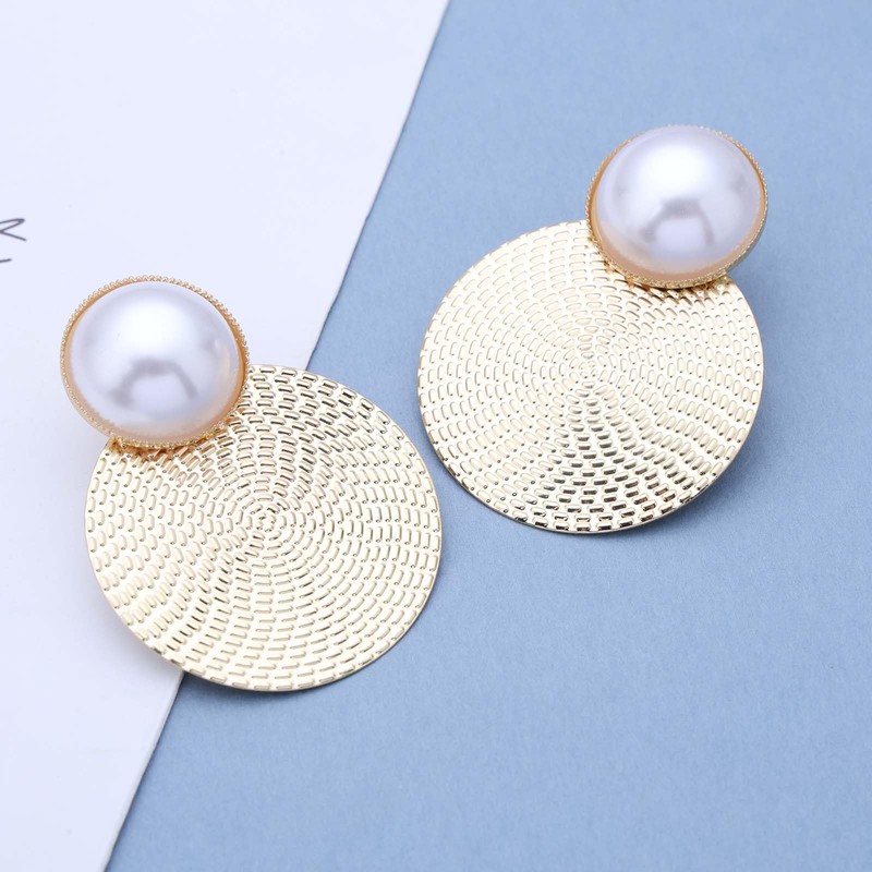 Inateannal Boho Texture Disc Dangle Earrings Large Round Pearl Stud