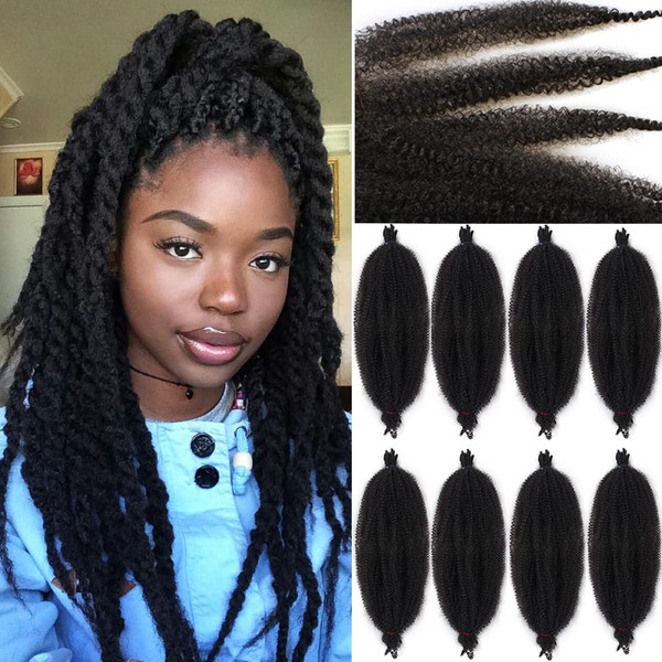 Leeven 20 Inch Springy Afro Kinky Hair Extensions for Braiding 8 Packs Pre Fluffed Popping Twist for Crochet Locs 10 Strands / Pack Black Marley Braiding Hair /1B#