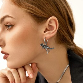 U7 Men Women Stainless Steel Tyrannosaurus Rex Skeleton Earrings Enamel Black 3D Dinosaur Dangle Earrings