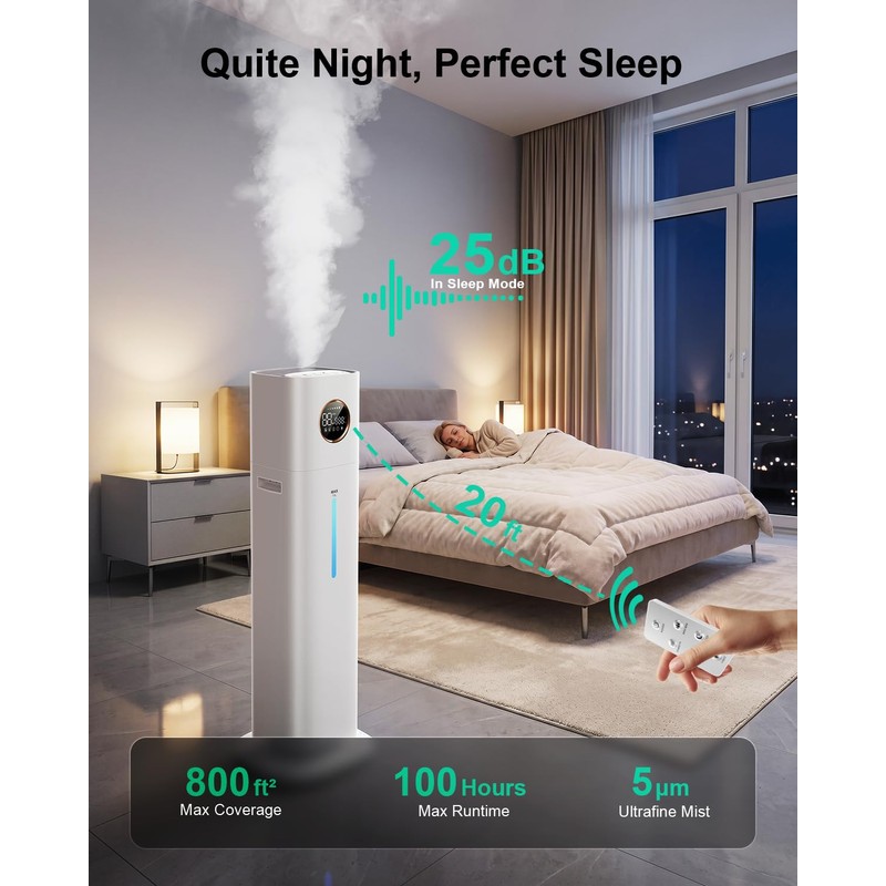 Cool Mist Humidifiers for Large Room 800ft²,13L 100H Runtime, 25dB
