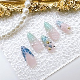 24pcs French Tip Press on Nails Medium Almond Fake Nails with 3D Floral Gold Star Pearl Rhinestones Designs Blue Flower False Nail Tips Full Cover Summer Fall Flowers Acrylic Glue on Nails for Women