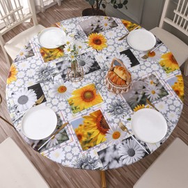 Round Vinyl Fitted Tablecloth with Flannel Backing Elastic Edge Design Table Cover Waterproof Oil-Proof PVC Table Cloth Stain-Resistant Best for 45"-56" Round