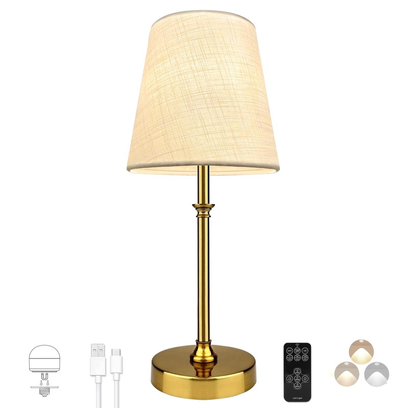 BLUEYE Cordless Table Lamps,Remote Control,5200mAh,No Flicker,2700K-6000K,Rechargeable Bulb,50W Equivalent,Retro Style,Fabric Shade,Battery