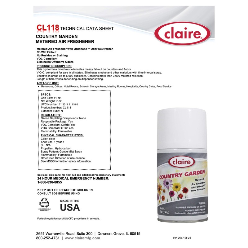 Claire CL118-12pk Country Garden Metered Air Freshener; 7 Oz. Net