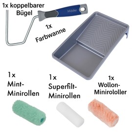 Mäster All Surface Roller Set - Superior Series - Complete Set of 100mm Wollon, Mint and Superfilt Mini Rollers, Hangers and Paint Tray - Painting Ceilings, Walls and Wood Indoors