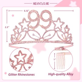MEANT2TOBE 99th Birthday Sash and Tiara for Women, Fabulous Glitter Sash + Stars Rhinestone Pink Premium Metal Tiara for Her
