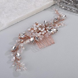 Wekicici Pearl Flower Wedding Hair Comb Bride Wedding Hair Comb Bridal Rhinestone Hair Piece Floral Hair Accessories for Women Flower Headband Headpiece (Rose gold)
