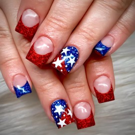 24Pcs 4th of July Short Square Fake Nails Independence Day Press on Nails American Flags Star Full Cover Stick on Nails Red Blue Glitter French Glue on Nails Glossy Artificial Nails for Women Girls