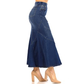 Women's Juniors Elastic Waist Mermaid Shape Stretch Denim Long Skirt in Indigo Wash Size M
