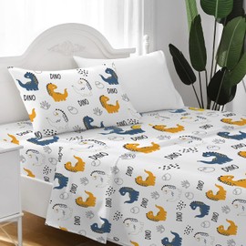 ROLJZTY Bed Sheets for Kids Boys, Soft Microfiber Twin Sheets Set 3 Piece Deep Pocket Bed Sheet Set, Breathable Sheet Sets Twin Size Bed Colourful Dinosaurs Printed