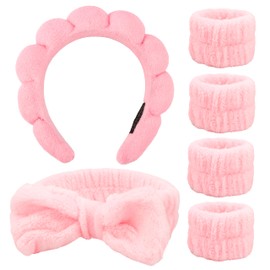 AOPRIE SPA Headbands for Washing Face Makeup Headbands with Bow Hair Band Women Facial Head Band Wrist Towel Wraps For Shower Face Mask Pink Style Pink, 6 Pack