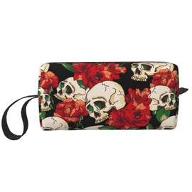JKJOJIA Skull Flower Makeup Bag Organizer Small Cosmetic Bags Portable Travel Toiletry Bag With Handle Simple Accessories Storage Zipper Pouch For Women Girl