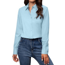 Gleeivy Button Down Shirts for Women Long Sleeve Dress Shirts Classic Fit Solid Cotton Women Dress Shirts Work Office Light Blue 5XL