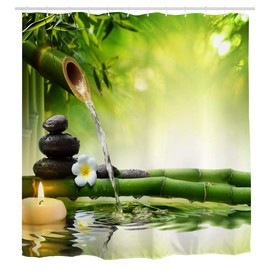 Mimihome Zen Garden Bathroom Shower Curtain SPA Japanese Theme Bamboo Candles Shower Curtains Set 12 Hooks Waterproof Bath Curtain Bathroom Accessories , 72W by 72H Inch, Green White