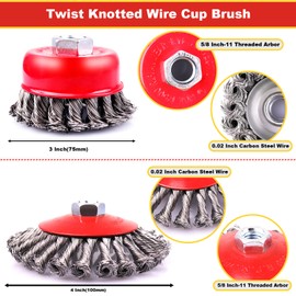 LSTOPGO 4 Pack 3 & 4 Inch Twisted Knotted & Coarse Crimped Wire Cup Brush for 4 1/2 Angle Grinder,5/8 Inch-11 Threaded Arbor,Angle Grinder Wire Wheel for Rust,Corrosion,Paint Removal (4)