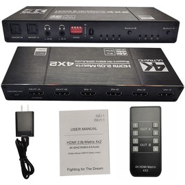 HDMI 2.0 4x2 4:2 4 en 2 salida matriz HDMI divisor de conmutador de video +salida de audio óptica y L/R, compatible con 4K/2K/1080P@60Hz HDR Ultra HD 3D Audio EDID Extractor HDCP2.2 con control remoto