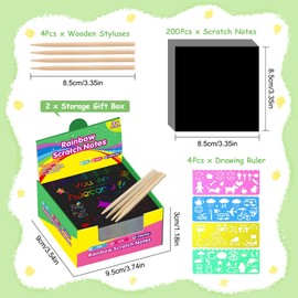 JurciCat Pack of 200 Scratch Pictures for Children, Leaves Rainbow Scratch Paper with 4 Wooden Pens and 4 Painting Stencils for Children, Scratch Picture Set for Drawing and Crafts, DIY Funny Games