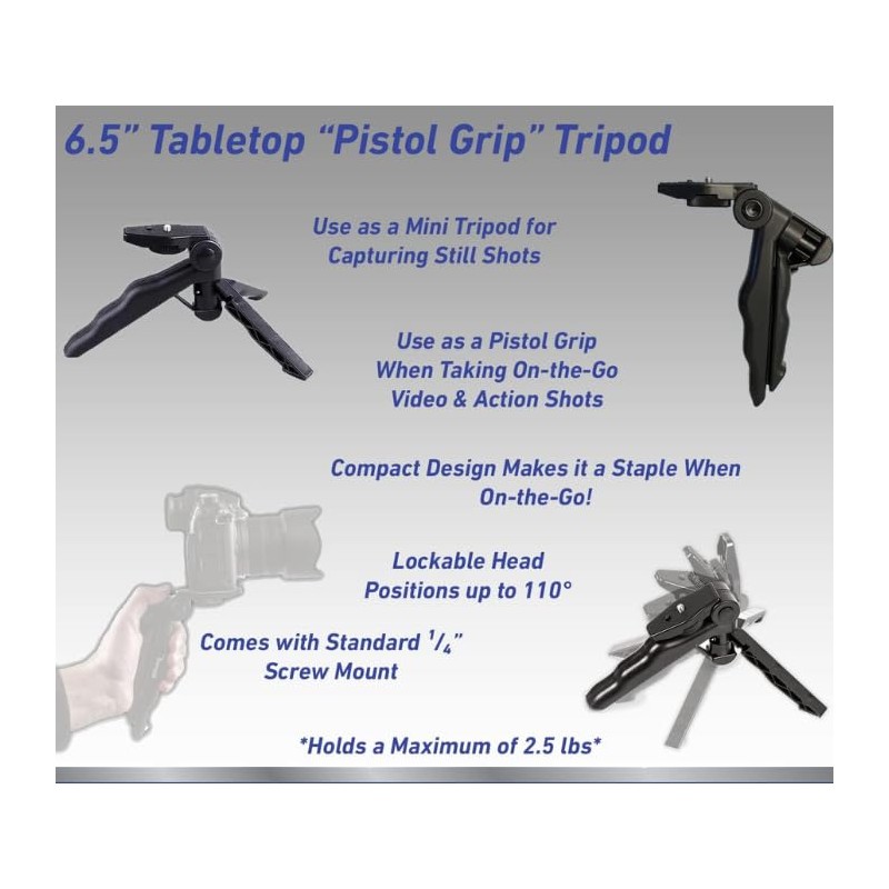 6.5" inch Adjustable Tabletop Steady-Shot/Hand Grip Tripod for DSLR Cameras