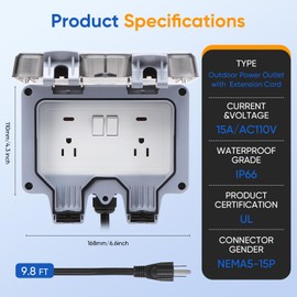 XINYIELE Outdoor Power Outlet,Outdoor Extension Cord Waterproof Double Wall Outlet Extender with On-Off Switch and Indicator Light，Exterior Electric External Power Outlet,Outside Outlet (9.8FT)