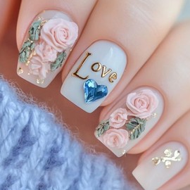 24Pcs Valentines Press on Nails Short Square Fake Nails Romantic Love with Blue Heart Rhinestones Full Cover Glue on Nails Artificial Rose False Nails Stick on Nails for Women Girls Acrylic Nails