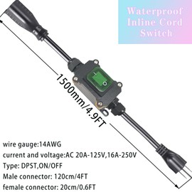 NEWNEWLIU 4.9-Feet Extension Cord with Waterproof On-Off Switch,AC 20A-125V,16A-250V with 14AWG 3Pin Outlets Plugs Power Cord Green Led Outdoor On-Off Switches Heavy Duty Inline