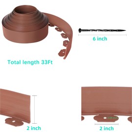 Landscape Edging Coil 33 FT, 4 Inch Tall Garden Edging Border Flexible Lawn Edging Kit with 30 Spikes, Plastic Edging for Landscaping Flower Beds Yard Pathway Paver Edging (4IN x 33FT, Brown)