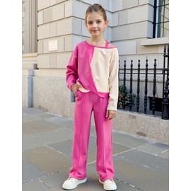 Sislerew Girls Outfits Twist Knot Color Block Loose Fit Cold Shoulder Top and Wide-lege 2 Piece Pants Sets Fall Girls Clothes Size 10