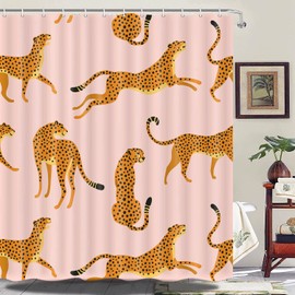 Uokiuki Boho Leopard Fabric Shower Curtain - Tropical Animal Cheetah - Pink with Hooks 69 x 84 Inch