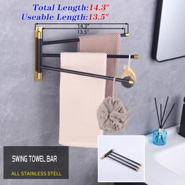 GERZWY SUS 304 Stainless Steel Bathroom Hand Towel Rack 3-Bar Folding Arm Swivel Hanger Bath Towel Holder Swing Out Towel Bar Wall Mount (Black & Gold) HYG03-BD