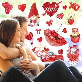 Whaline Valentine's Day Window Clings Watercolor Red Love Heart Gnome Truck Window Stickers Double-Side Glass Decals for Wedding Anniversary Party Supplies, 7.9 x 11.8 Inch, 9 Sheets