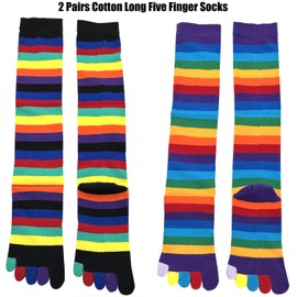 2 Pairs Cotton Long Five Finger Socks Knee High 5 Toe Socks Rainbow Stripe Leg Warmers Stockings for Women Girls